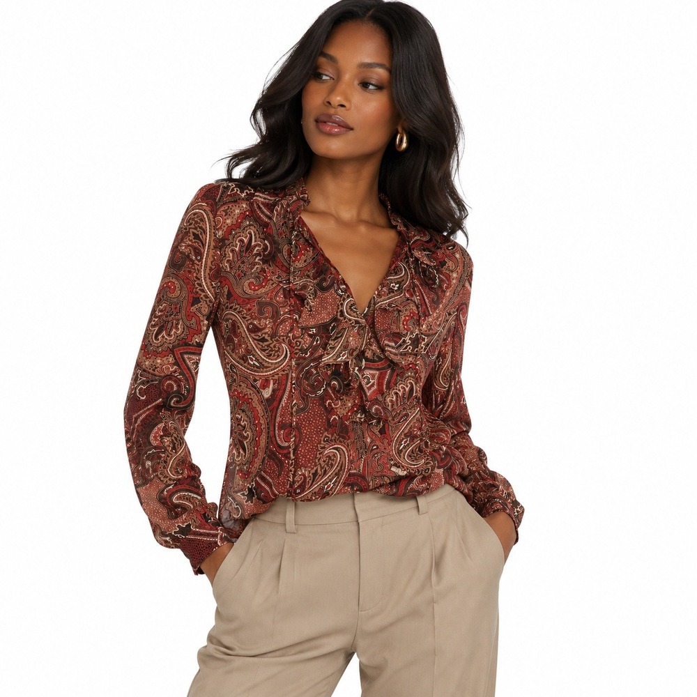 Premise Ruffle Tie Neck Paisley Print Blouse Red Brown Mature Lightweight Size S